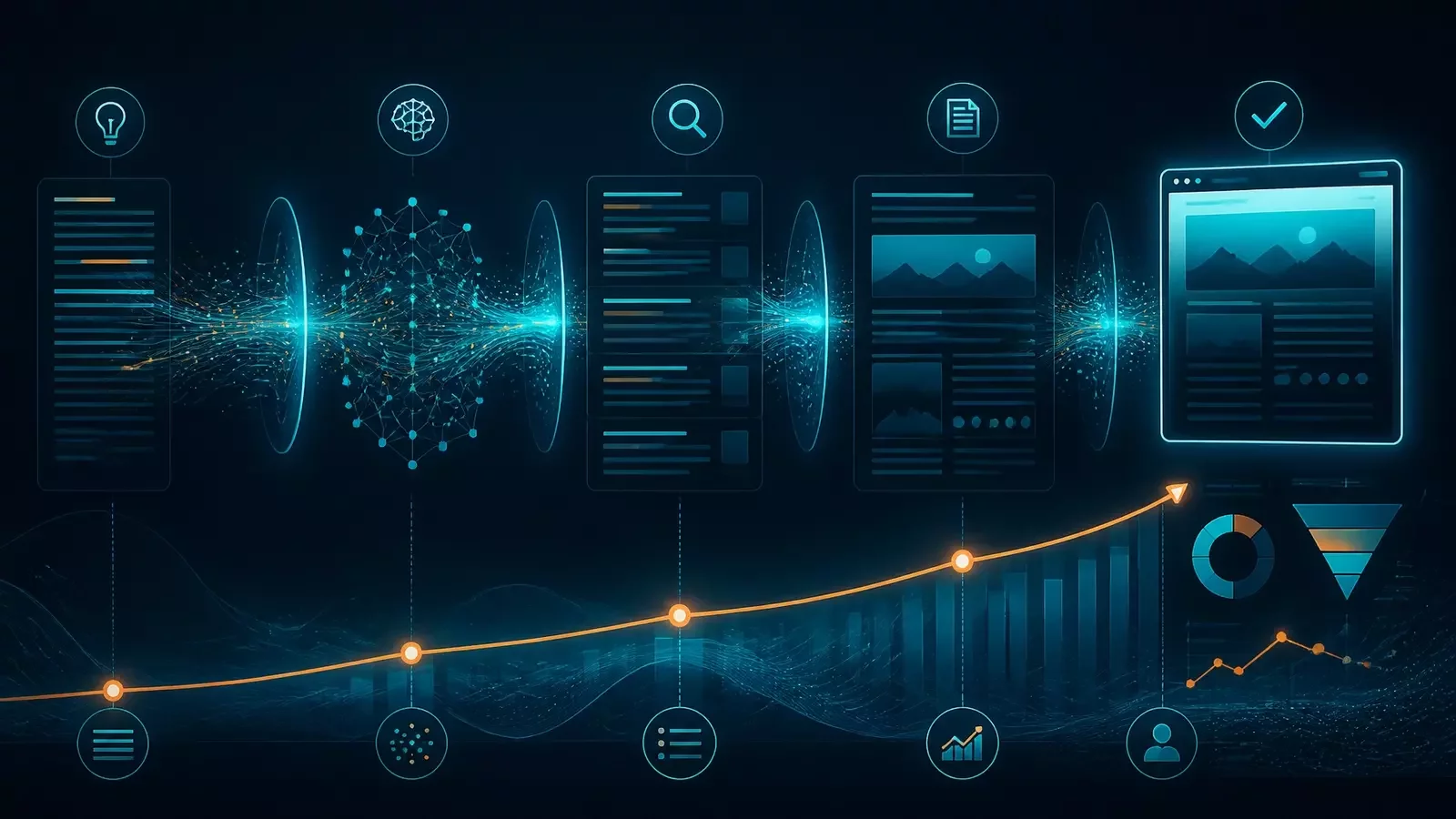 Content relevance scoring evolving from keyword brief to fully published optimized article, with semantic analysis, SERP structure and conversion tracking