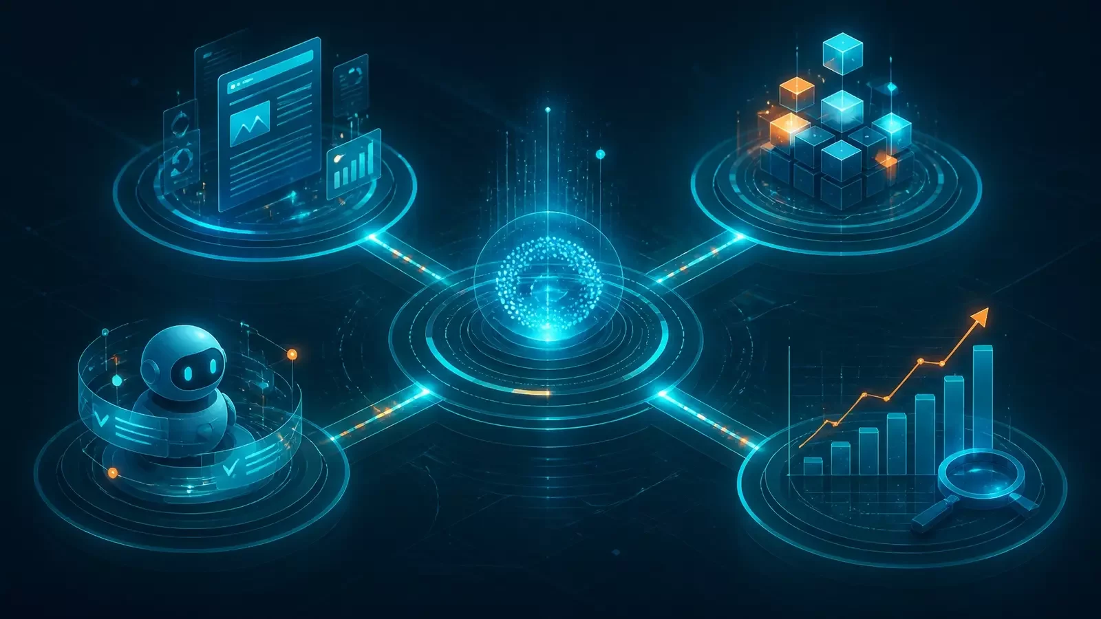 AI search engine optimization ecosystem with content intelligence, programmatic SEO, agentic automation and organic visibility connected as glowing nodes