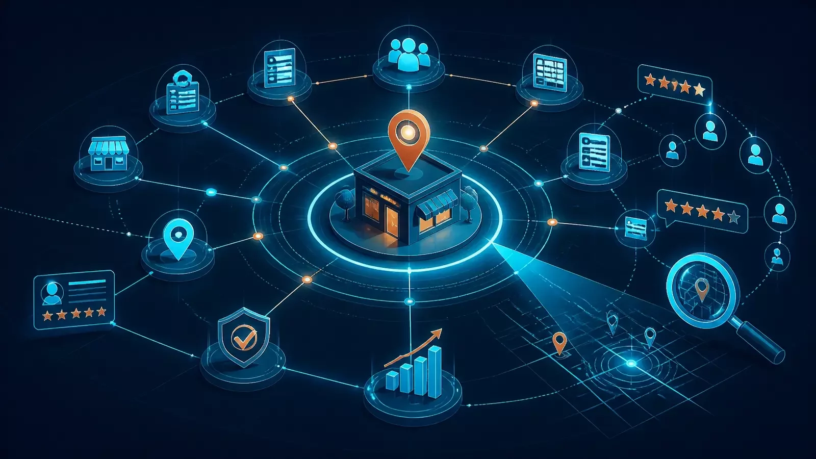Business location at center of a citation network with directory nodes, review stars, NAP consistency and local search visibility radiating outward